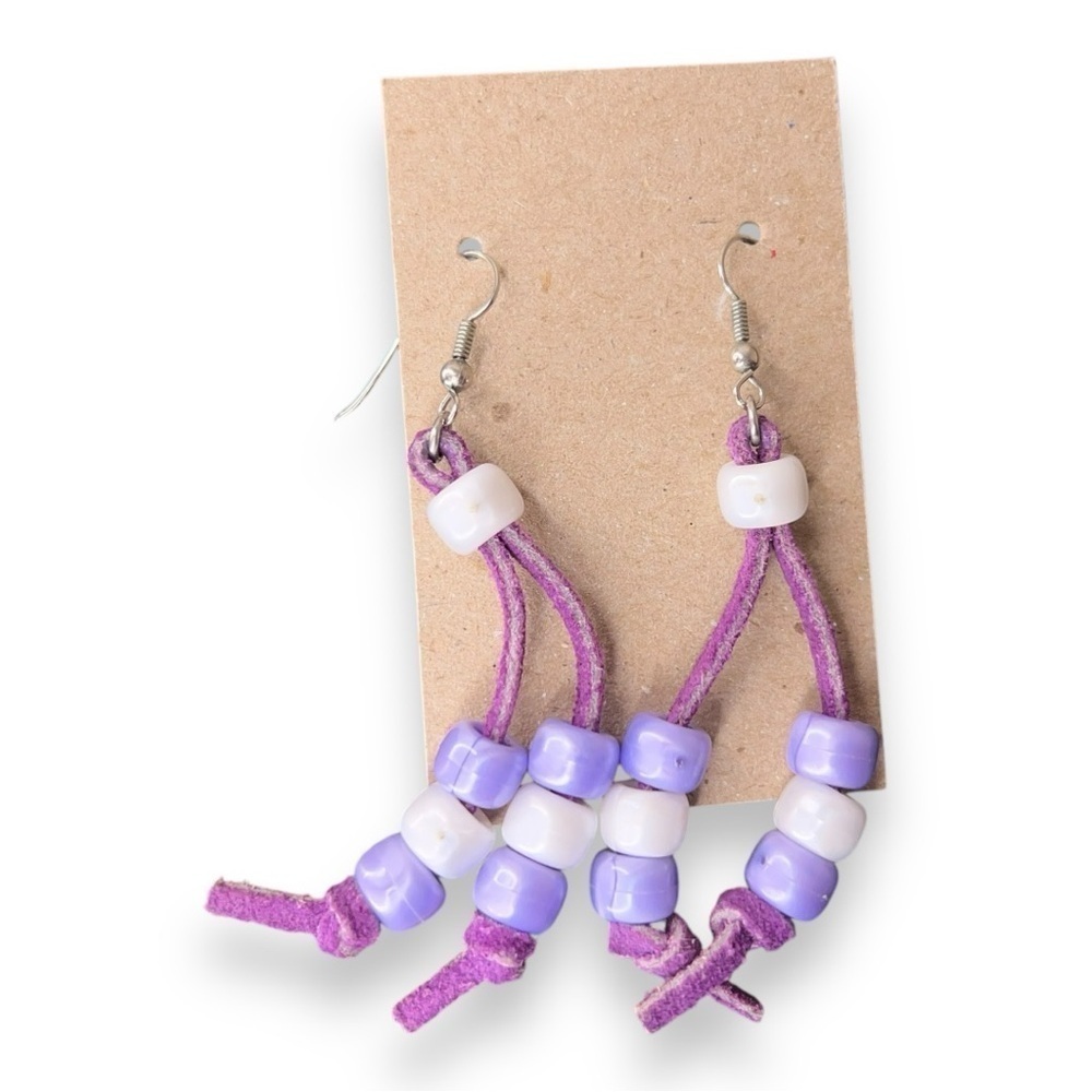 PURPLE BEADED EARRINGS LEATHER HANDMADE BOHO HOOK DANGLE